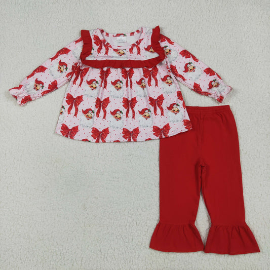 Baby Girl Long Sleeves Santa Red Bows Tunic Ruffle Cotton Pants Christmas Set RTS