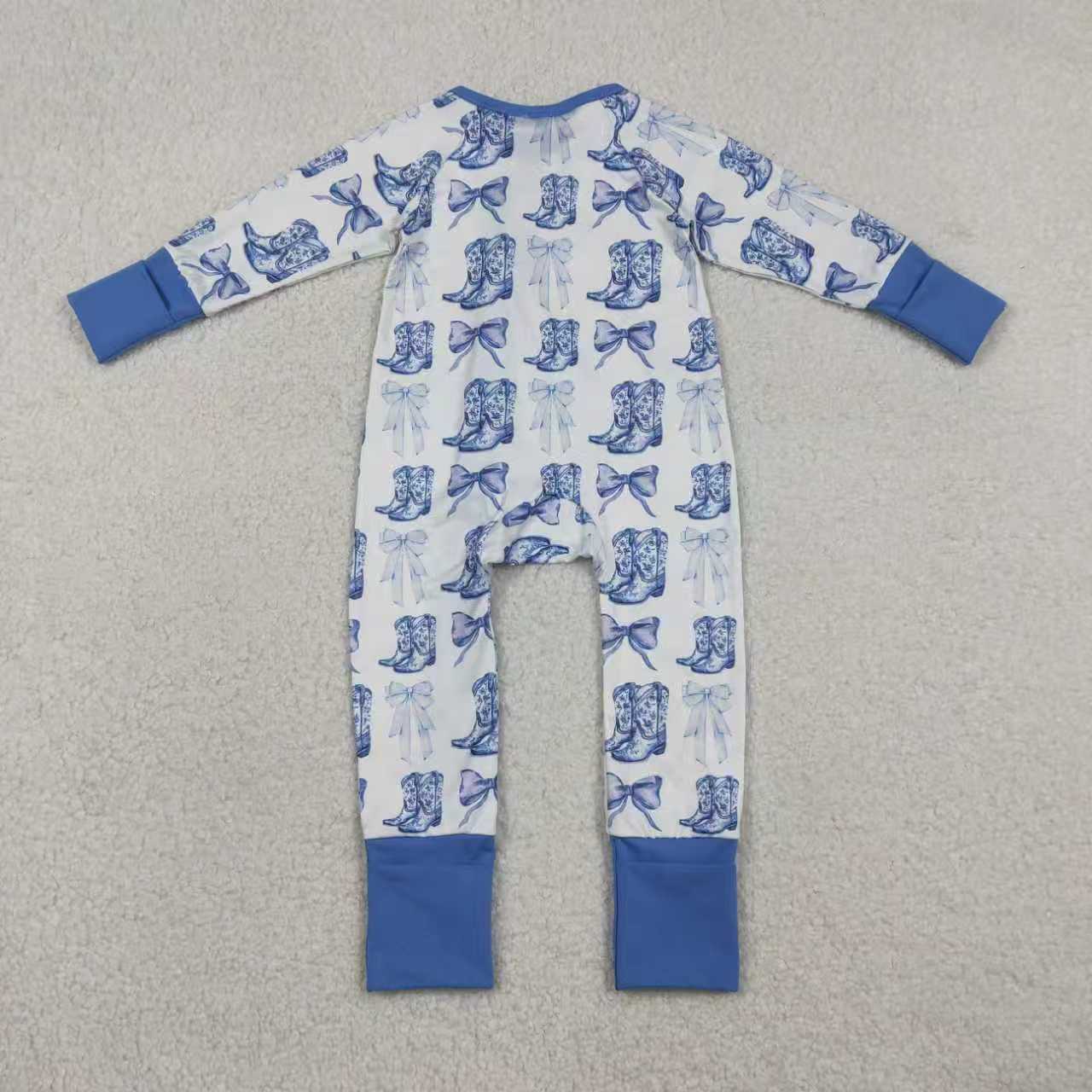Sibling Baby Girl Long Sleeves Blue Bows Boots Western Zipper Romper Pajamas Clothes Set RTS