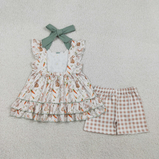 Baby Girls Kids Carrots Rabbits Buttons Tunic Plaid Shorts Easter Clothes Set RTS