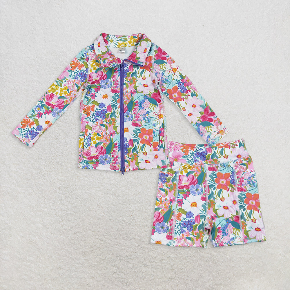Baby Girl Long Sleeves Flower Zipper Shirt Shorts Yoga Active Clothes Set RTS
