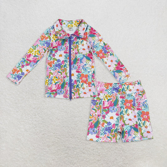 Baby Girl Long Sleeves Flower Zipper Shirt Shorts Yoga Active Clothes Set RTS