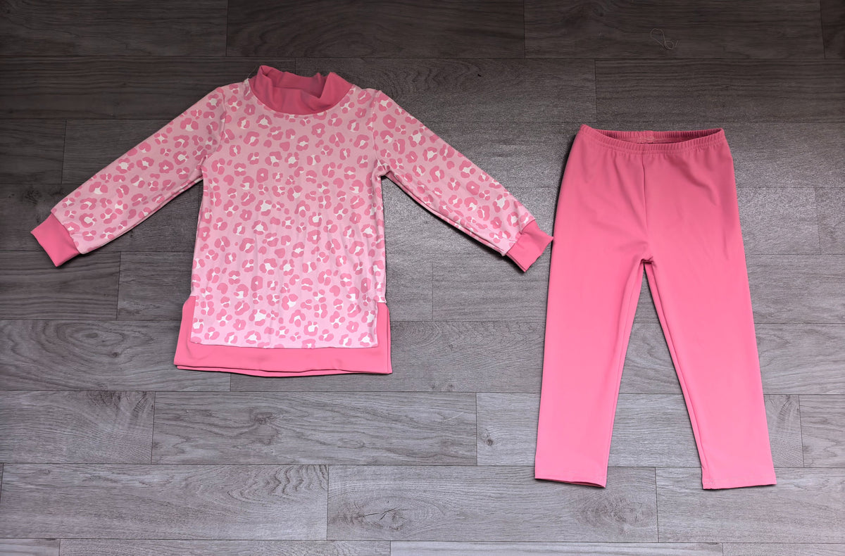 ( No moq ) Preorder Baby Girls Kids Long Sleeves Pink Leopard Tops Leggings Yoga Active Set Mock Neck Clothes