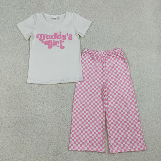 Baby Kids Short Sleeves Daddy's Girl Hearts Shirt Pink Checked Pants Clothes Set RTS