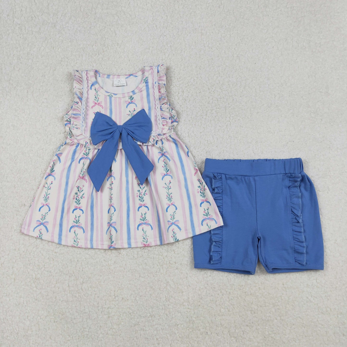 Baby Girl Sleeveless Floral Stripes Bow Tunic Blue Ruffle Shorts Summer Set RTS