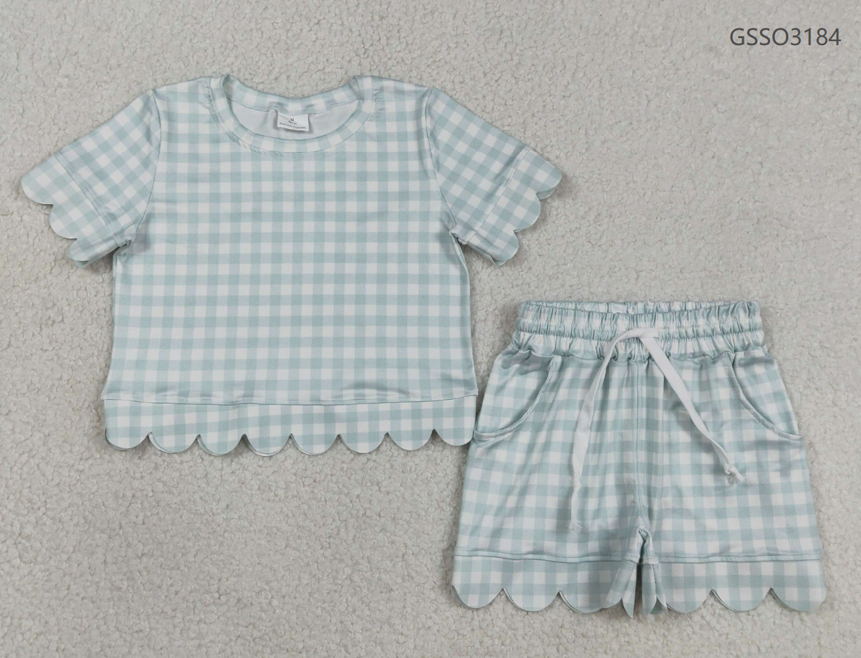 Baby Girls Kids Short Sleeves Plaid Shirt Scallop Shorts Blue Clothes Set RTS