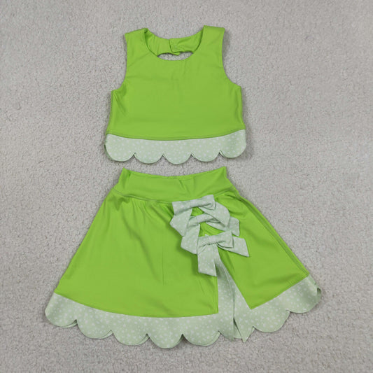 Baby Girls Kids Sleeveless Tops Bows Skirt Shorts Yoga Green Set RTS