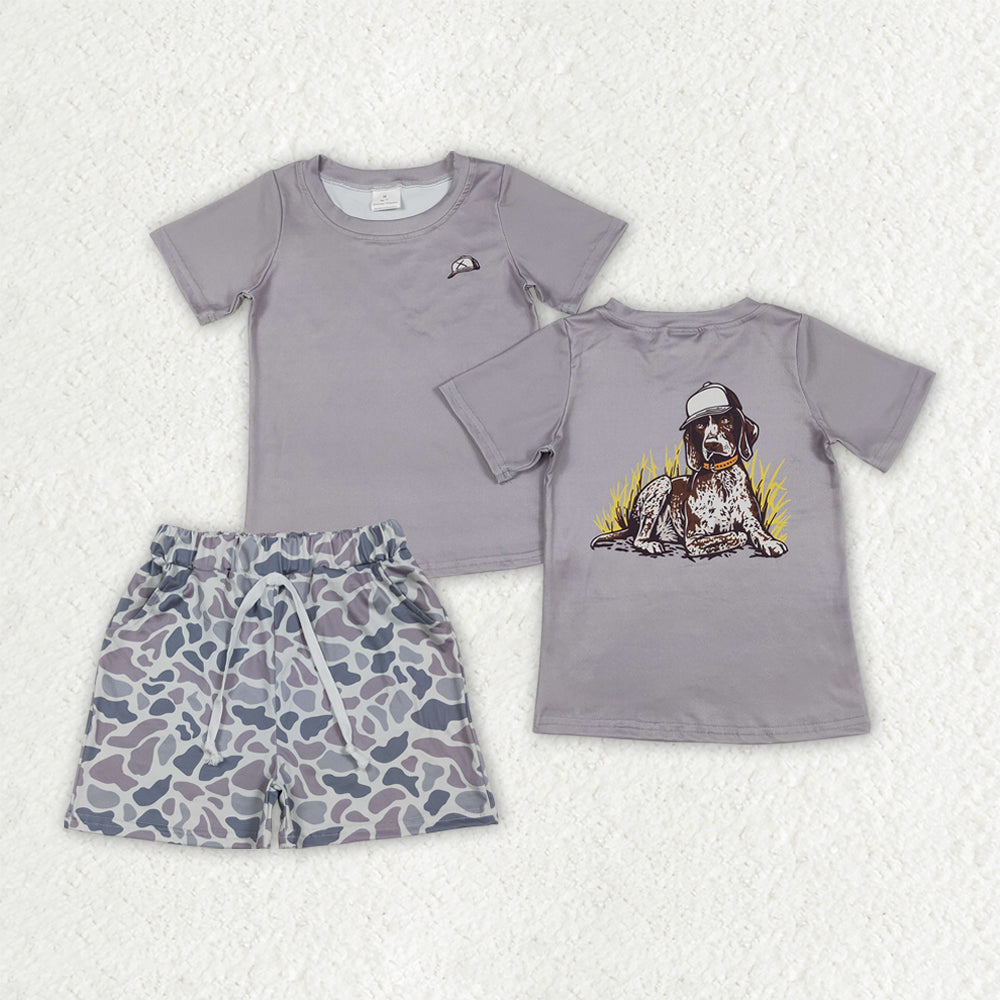 Baby Boys Kids Short Sleeves Dog Shirt Grey Camo Pockets Shorts Summer Clothes Set RTS