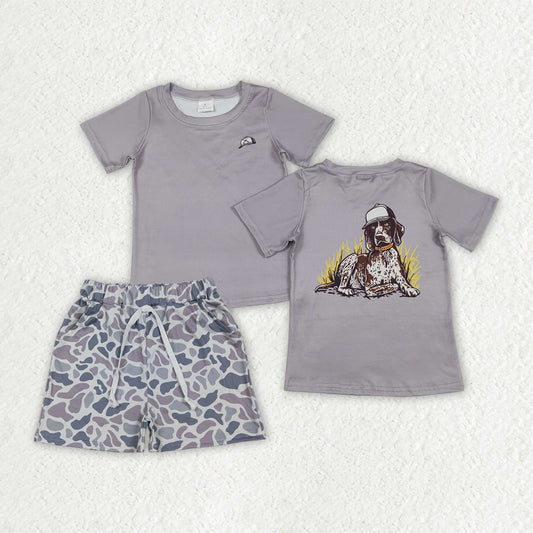 Baby Boys Kids Short Sleeves Dog Shirt Grey Camo Pockets Shorts Summer Clothes Set RTS