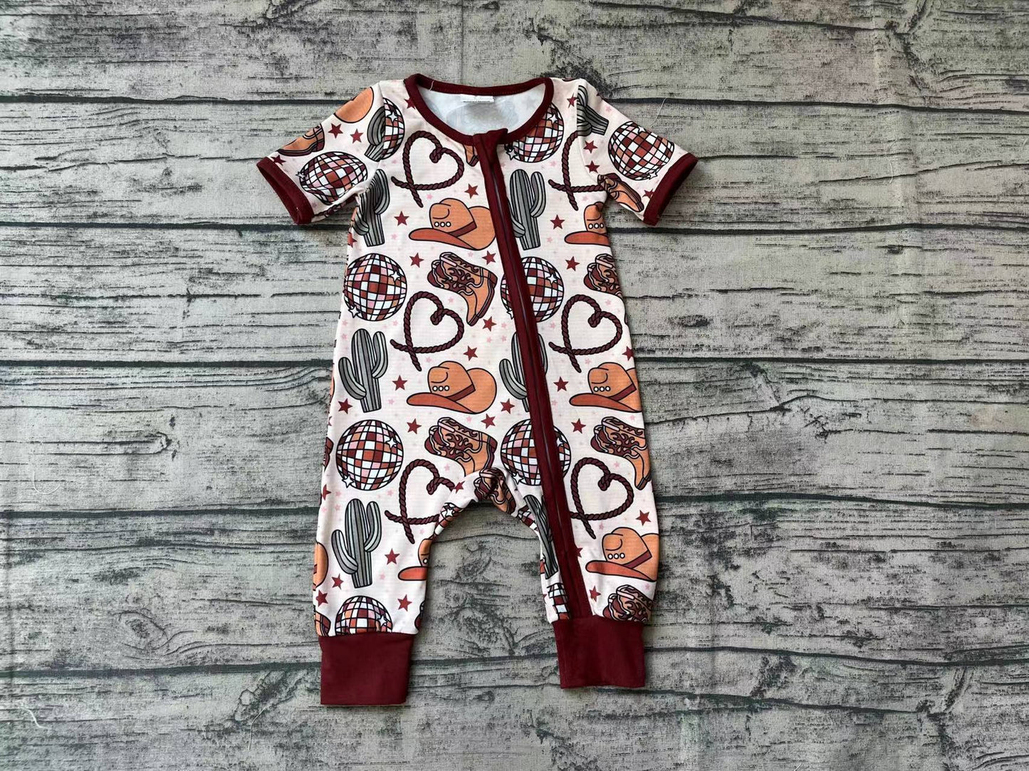 No Moq Pre-order Western Baby Boy Short Sleeves Hats Boots Cactus Zipper One Piece Romper