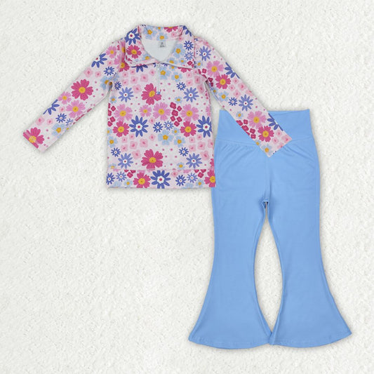 Baby Kids Girls Bows Long Sleeves Flower Zipper Shirt Blue Bell Pants Yoga Set RTS