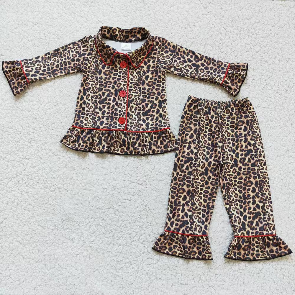 Sibling Baby Girls Long Sleeves Leopard Western Print Buttons Shirt Pants Pajamas Sets RTS