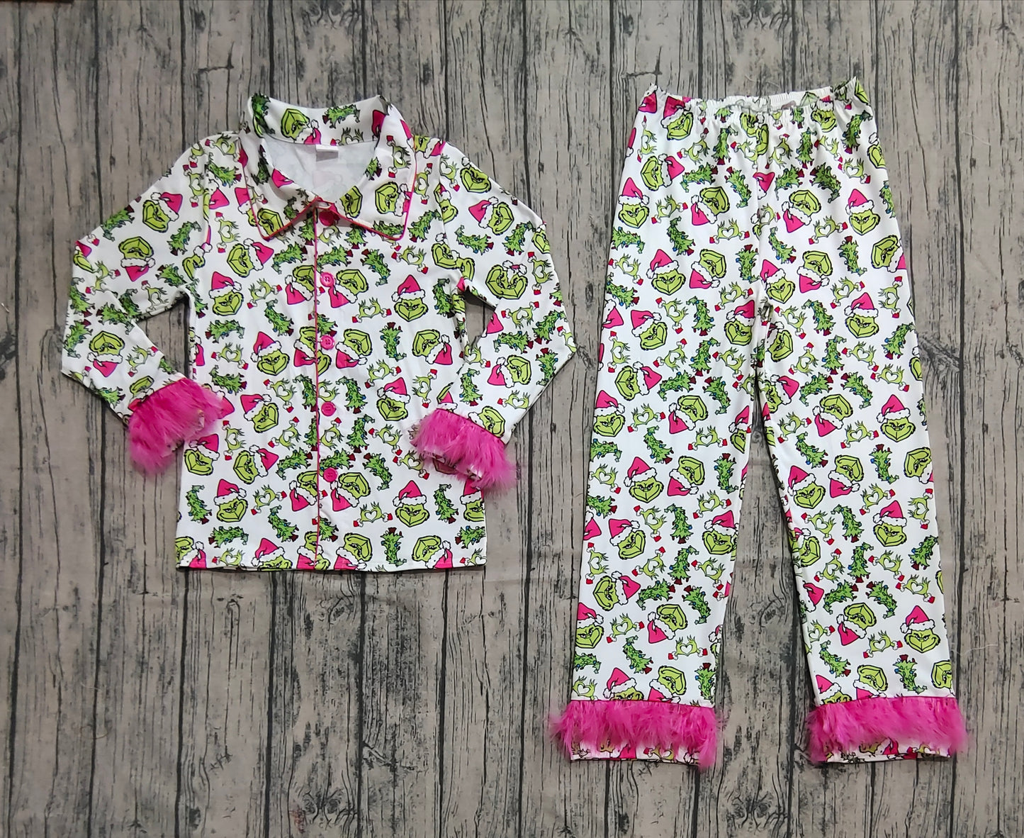 Adult Women Fur Long Sleeves Green Face Buttons Shirt Pants Christmas Pajamas Set RTS