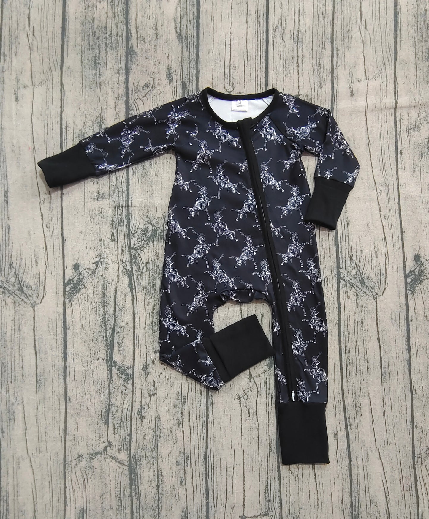 Baby Boy Long Sleeves Western Rodeo Zipper Halloween Black Romper RTS