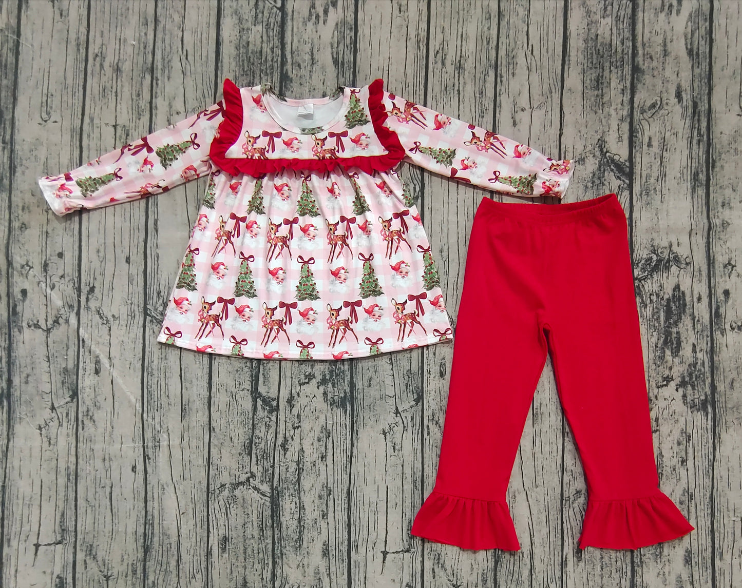 Baby Girl Long Sleeves Santa Trees Plaid Tunic Red Pants Christmas Set RTS