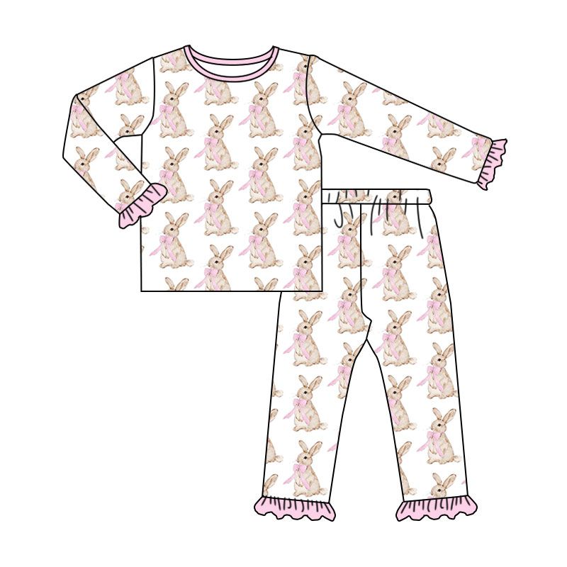 ( Moq 5 ) Preorder Baby Girls Kids Long Sleeves Rabbits Bows Shirt Pants Easter Set Pajamas Clothes