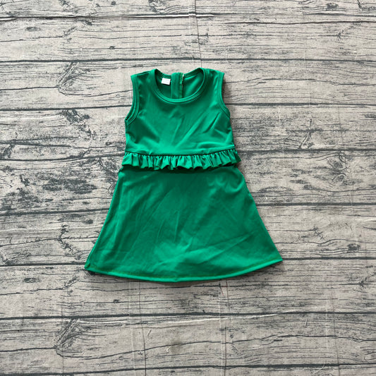 ( No moq ) Preorder Baby Girls Kids Green Sleeveless Ruffle Yoga Shorts Knee Length Dress