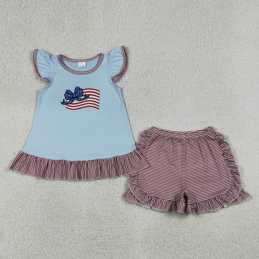 Baby Girls Kids Short Sleeves Flag Stars Bow Tops Stripes Shorts 4th of July Set RTS