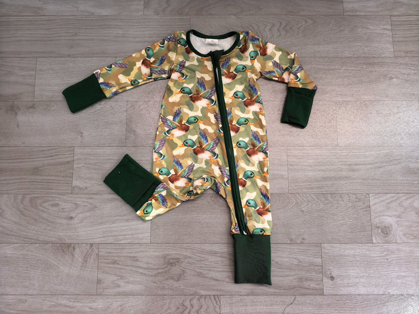 ( No moq ) Preorder Baby Boys Infant Ducks Camo Green Zipper Footie Sleeper Romper Clothes