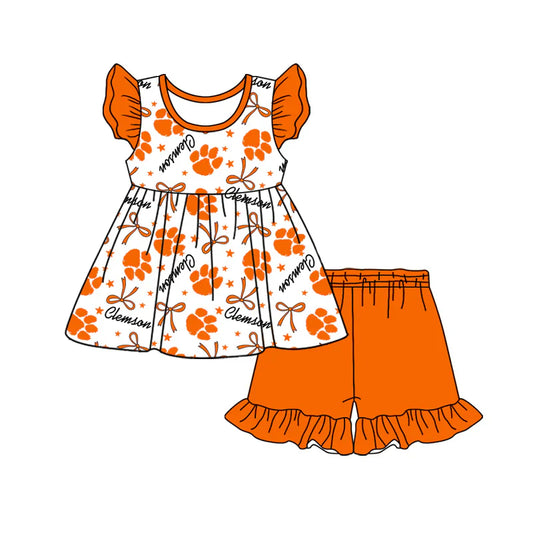 Baby Girl Short Sleeves Team Orange Bows Tunic Ruffle Shorts Clothes Set ( Moq 5 )