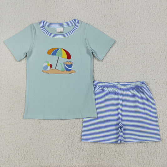 Baby Boy Short Sleeves Embroidery Beach Shirt Blue Stripes Shorts Set RTS
