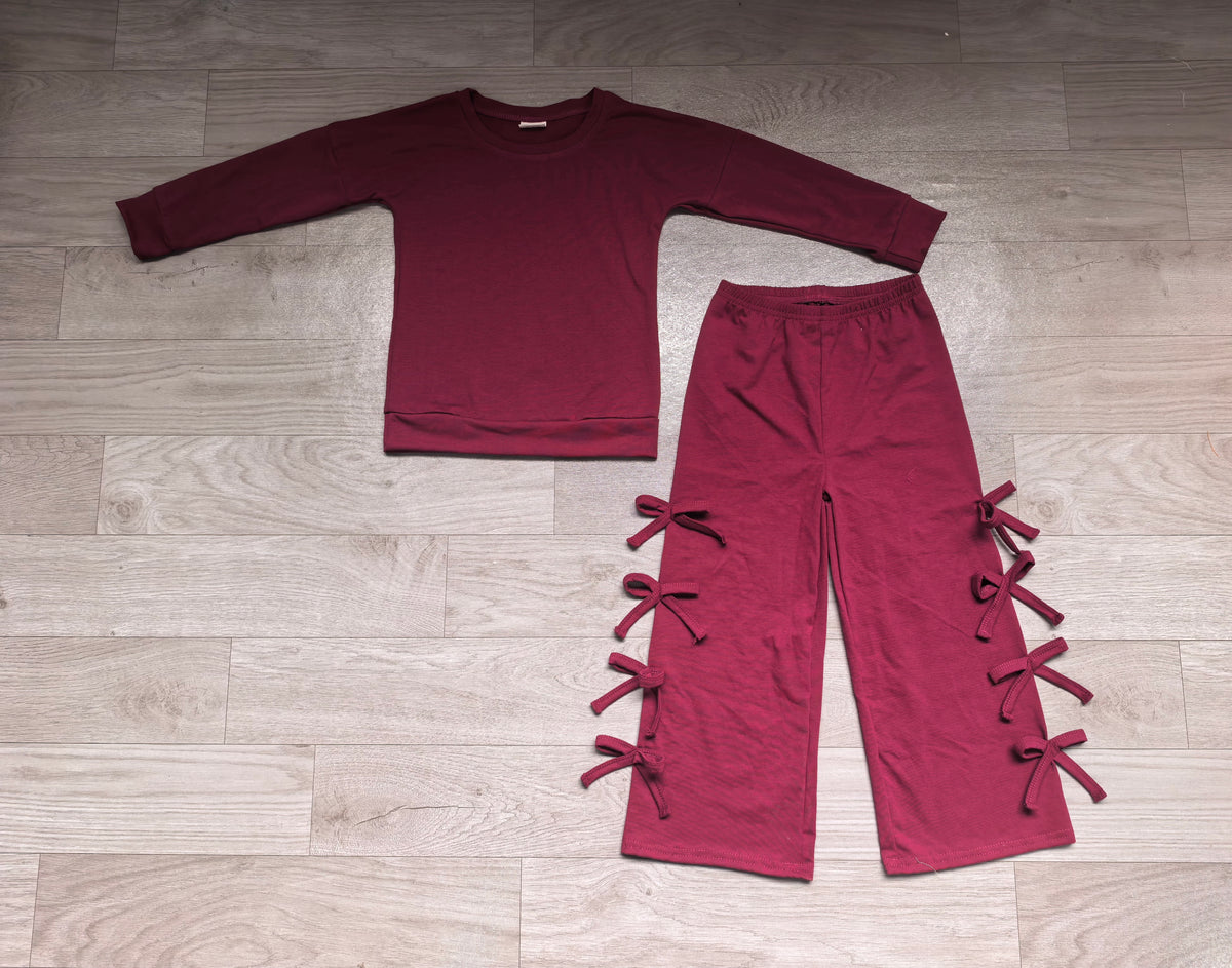( No moq ) Preorder Baby Girls Kids Long Sleeves Dark Red Shirt Bows Pants Set Cotton Clothes