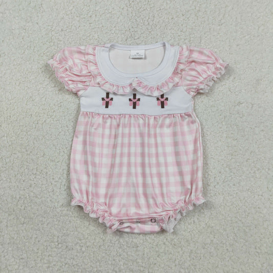Baby Girls Kids Short Sleeves Embroidery Crosses Plaid Easter Bubble Romper RTS