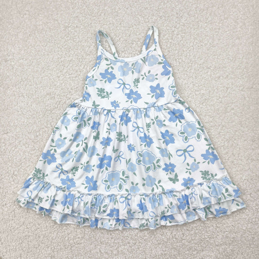Baby Girl Straps Blue Flower Bows Knee Length Dress RTS