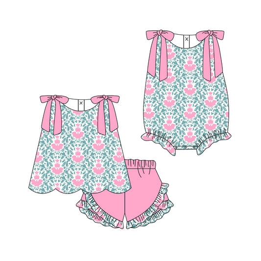 ( Moq 5 Each Style ) Sibling Baby Girls Kids Pink Bows Flower Tops Shorts Summer Set Romper