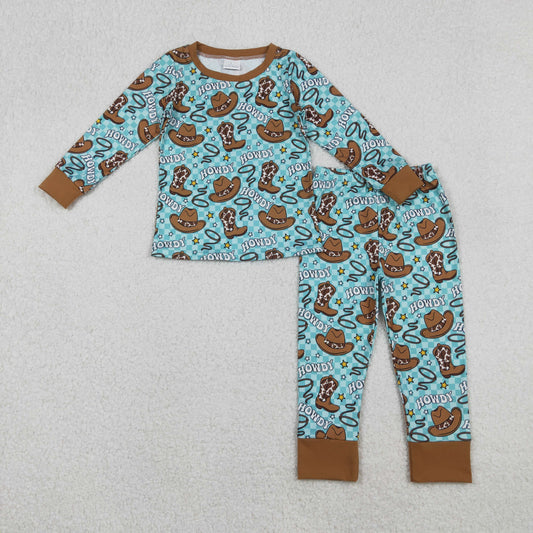 Baby Boy Long Sleeves Western Howdy Boots Hats Shirt Pants Pajamas Set RTS