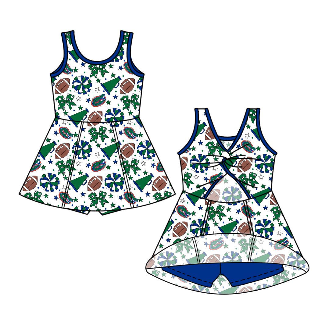 ( Moq 5 ) Baby Girls Toddler Sleeveless Green Bows Cheer Football Shorts Ruffle Dress Team Clothes