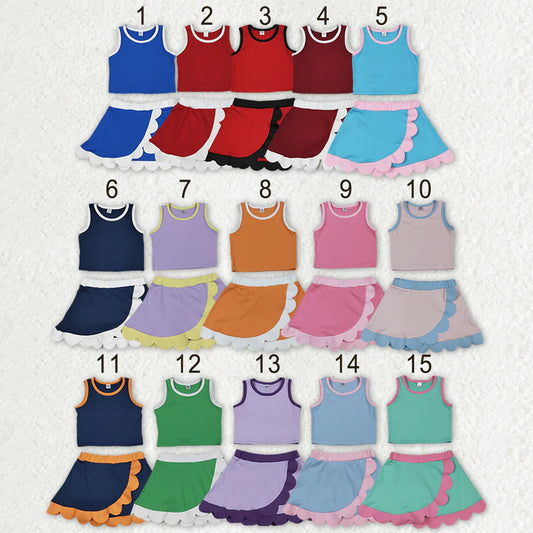 Sibling Baby Girls Kids Sleeveless Shirts Scallop Skirts Shorts Yoga Active Sets Clothes RTS