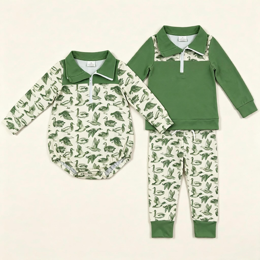 Sibling Baby Boys Kids Long Sleeves Ducks Green Romper Set Clothes RTS