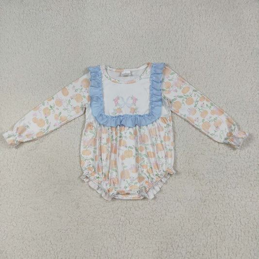 Baby Girl Long Sleeves Pumpkin Bows Flower Blue Ruffle Bubble Romper RTS