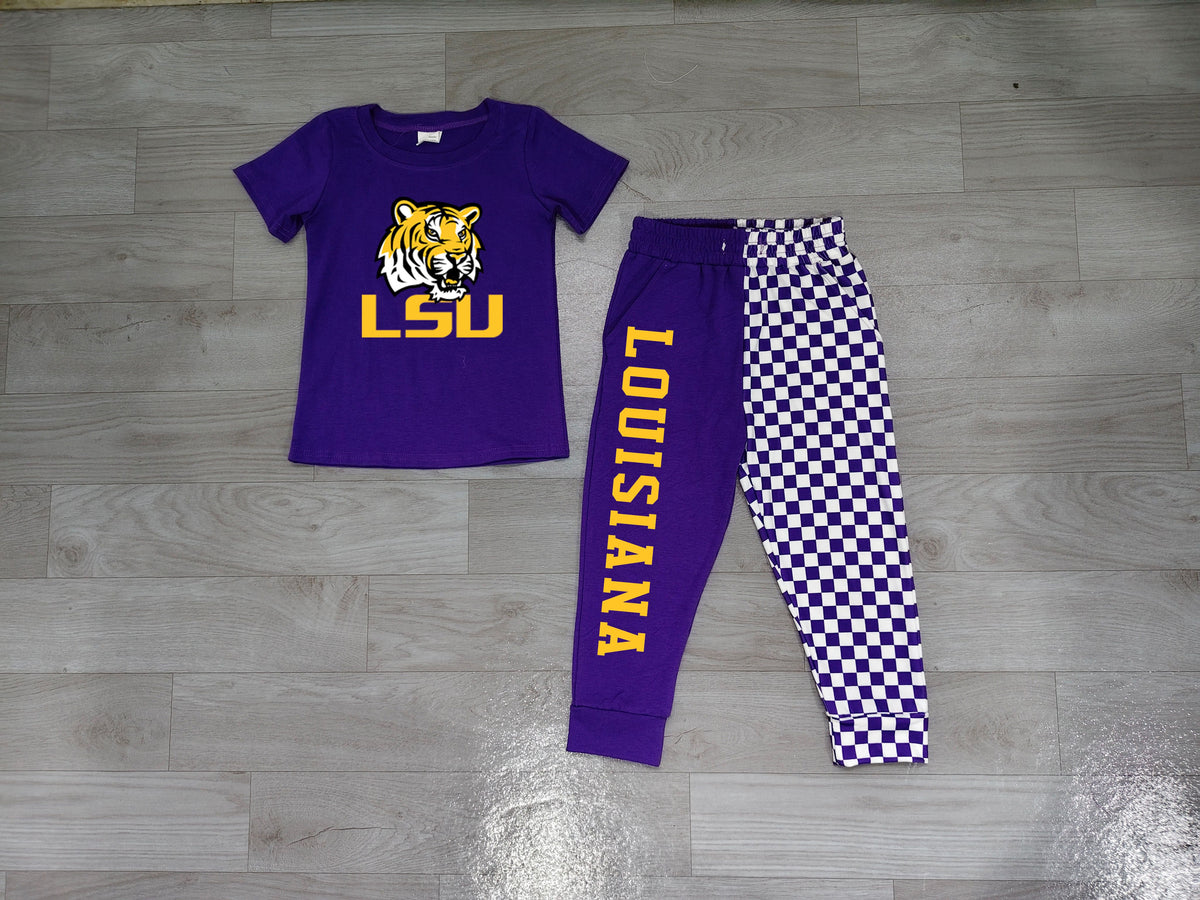 ( No moq ) Preorder Baby Boys Kids Short Sleeves Tigers Shirt Purple Checked Pockets Pants Team Set Clothes
