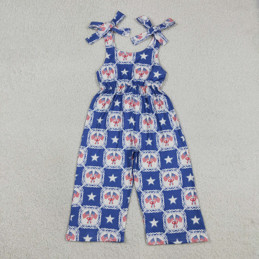 Baby Girls Sleeveless Flags Bows Stars 4th of July Jumpsuit RTS