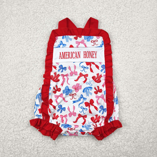 Baby Girl Straps American Honey Bows 4th Of July Romper RTS