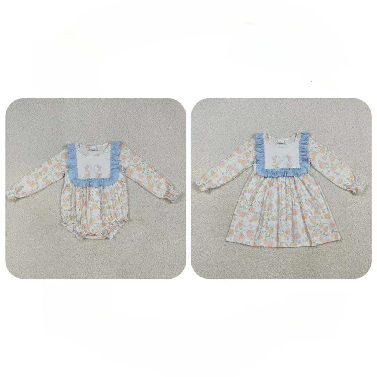 Baby Girl Long Sleeves Bows Pumpkins Flower Sibling Ruffle Fall Romper Dress Clothes RTS