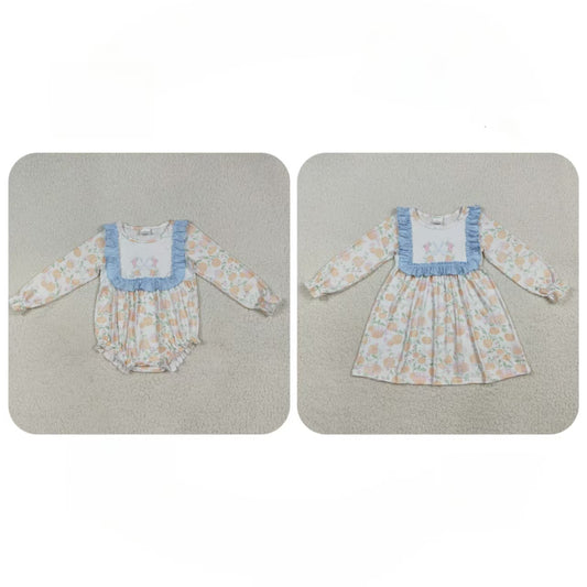 Baby Girl Long Sleeves Bows Pumpkins Flower Sibling Ruffle Fall Romper Dress Clothes RTS