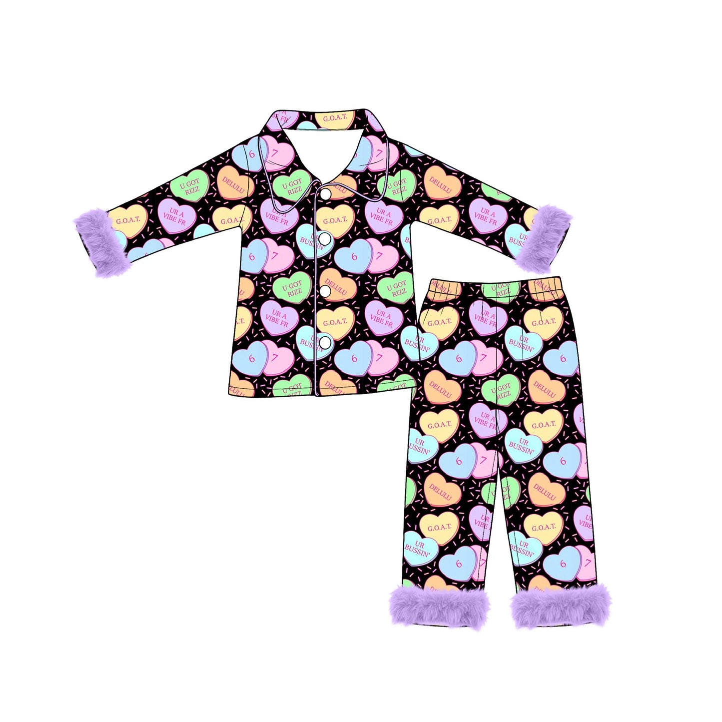 ( Moq 5 ) Preorder Baby Girls Kids Valentine Hearts Purple Fur Buttons Shirt Pants Pajamas Set Clothes