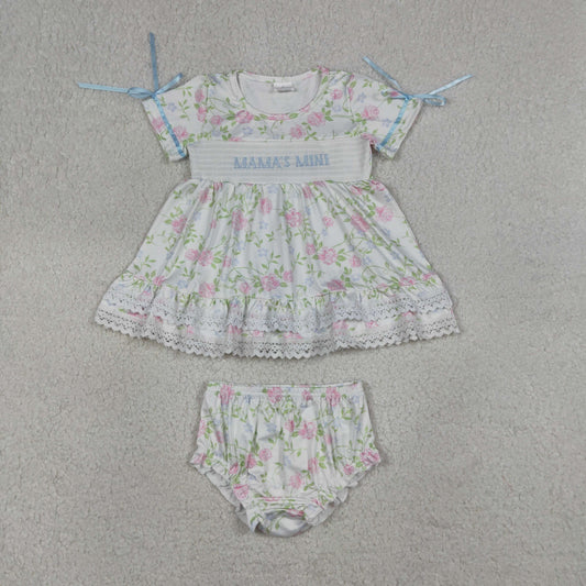 Baby Girls Short Sleeves Embroidery Smocked Mama's Mini Tunic Flower Bummie Shorts Set RTS