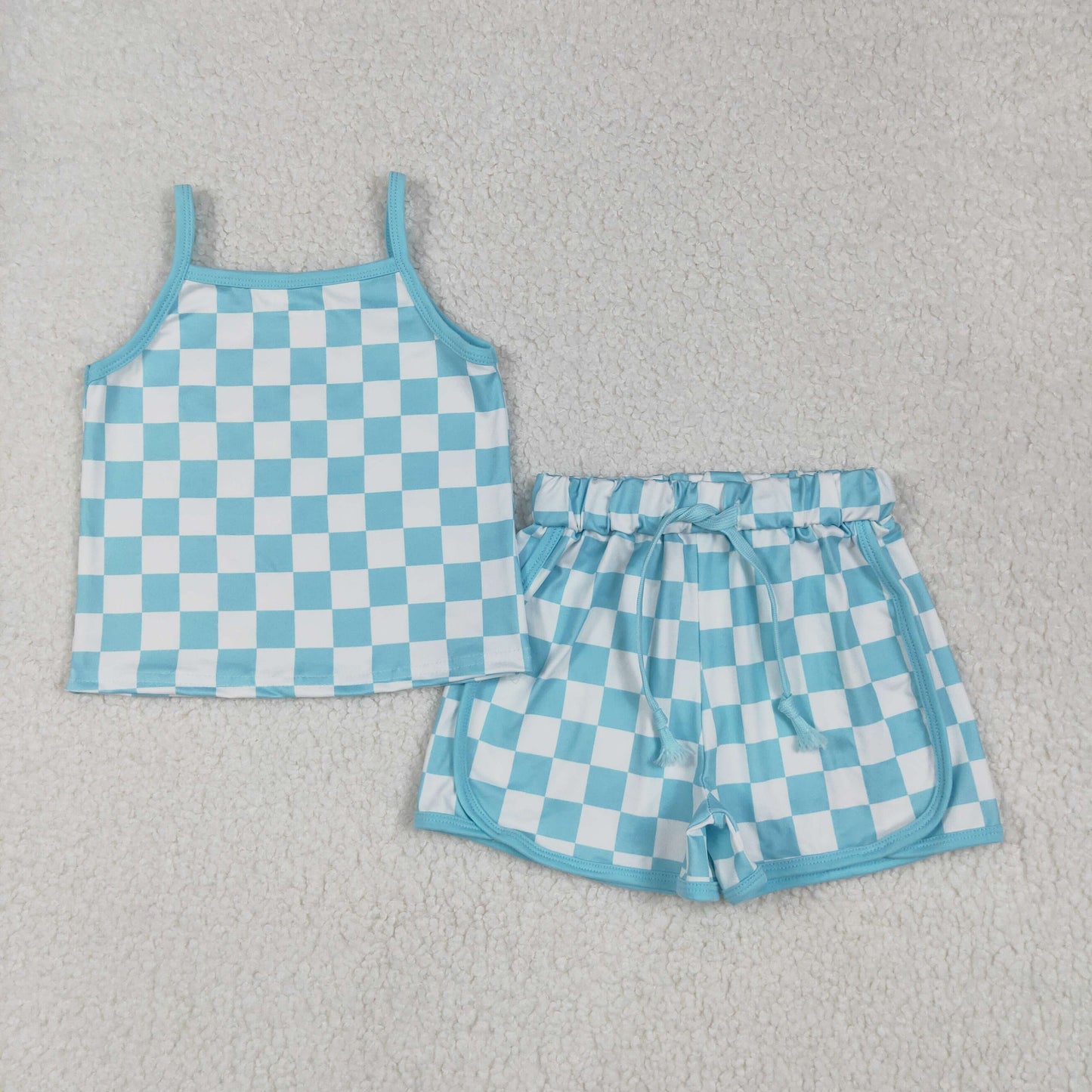 Baby Girl Toddler Straps Blue Checked Vest Tops Shorts Sports Set RTS