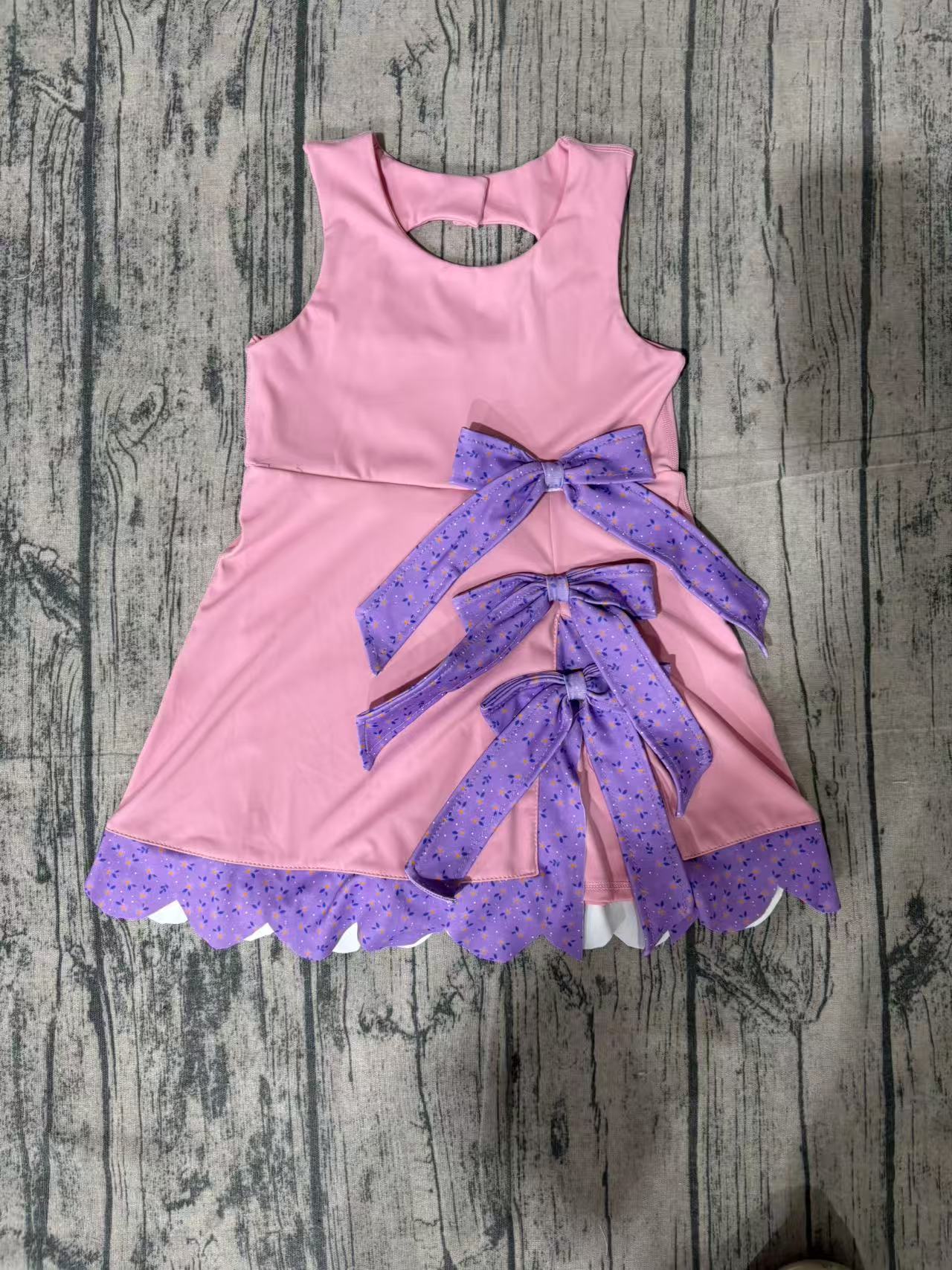 ( No moq ) Preorder Baby Girls Sleeveless Pink Plaid Bows with Shorts Yoga Dress