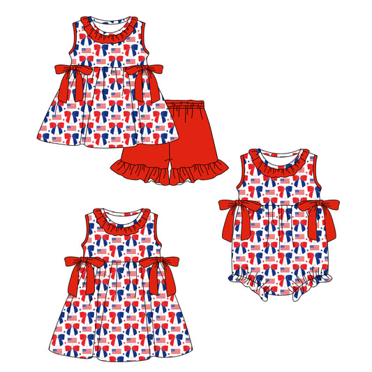( Moq 5 Each Style ) Sibling Baby Girls Kids Flags Bows 4th of July Romper Dress Set