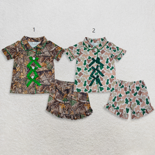 Sibling Baby Girls Kids Bows Buttons Shirts Camo Ruffle Shorts Hunting Pajamas Sets RTS