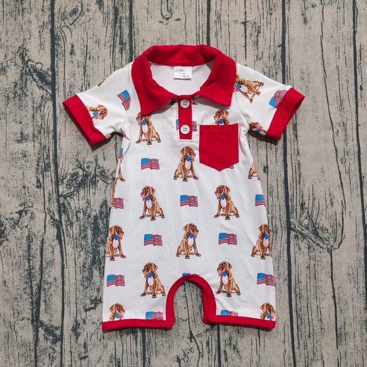 ( Moq 5 ) Baby Boy Short Sleeves 4th Of July Flags Dogs Pocket Romper