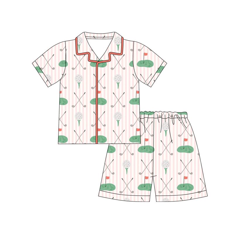 ( Moq 5 ) Preorder Baby Girls Kids Short Sleeves Golf Stripes Buttons Shirt Shorts Set Pajamas Clothes