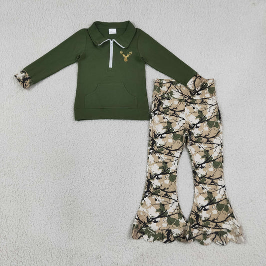 Baby Girls Kids Embroidery Deer Pocket Zipper Shirt Scallop Leaves Pants Green Set Clothes RTS