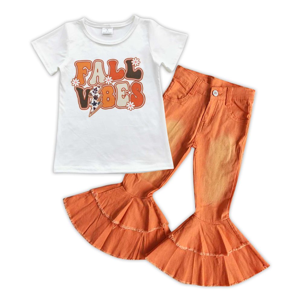 Baby Girl Shirt Sleeves Fall Flower Shirts Orange Bell Denim Pants Outfit