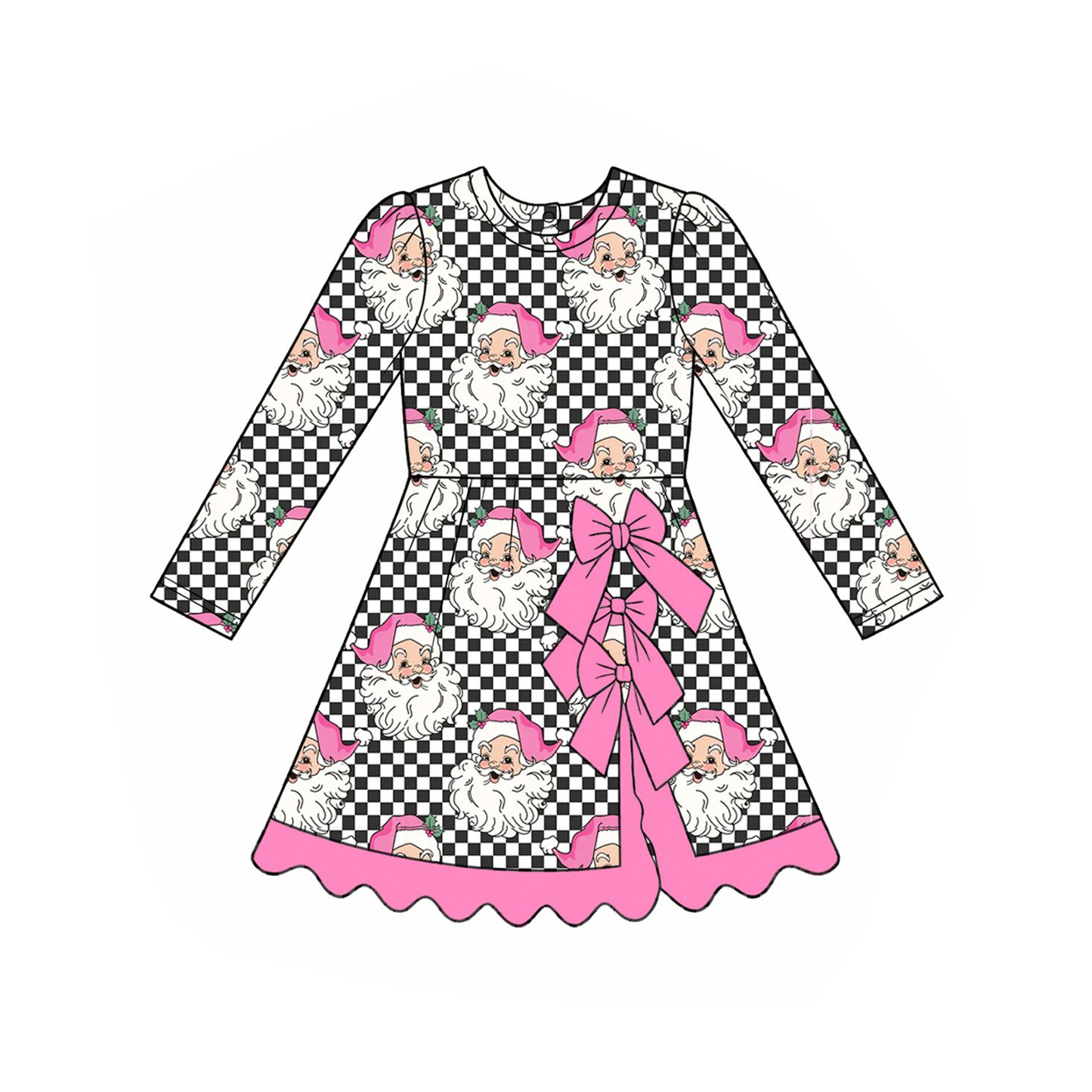 ( Moq 5 ) Preorder Baby Girls Kids Long Sleeves Christmas Santa Checked Bows Scallop Dress Yoga Active Clothes