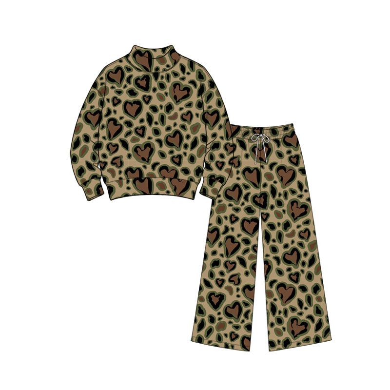 ( Moq 5 ) Preorder Baby Girls Kids Long Sleeves Hearts Leopard Shirt Pants Green Set Valentine Clothes
